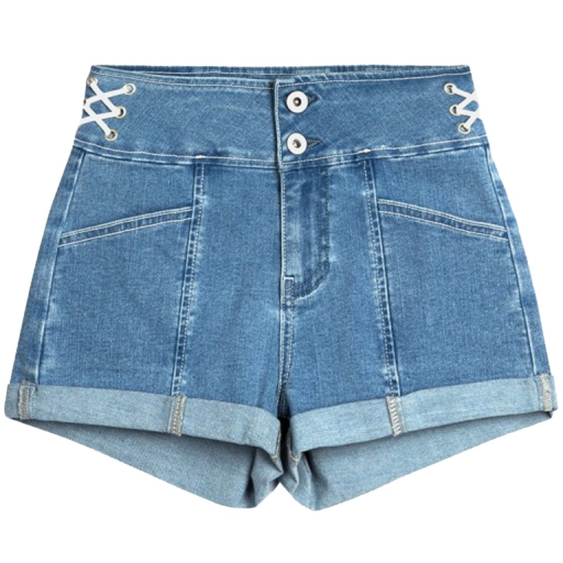 拉夏贝尔新款夏宽松学生百搭chic显瘦高腰短牛仔裤 浅牛仔蓝 S