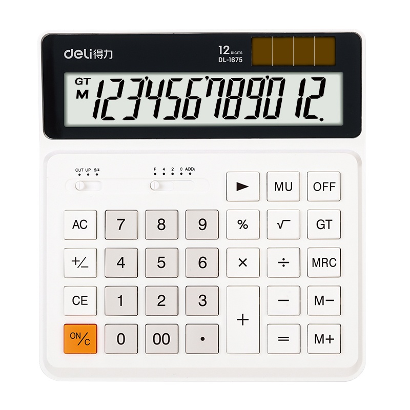 得力(deli)1675桌面型计算器 白色 12位数显大屏计算器 太阳能双电源计算器 办公财务计算机