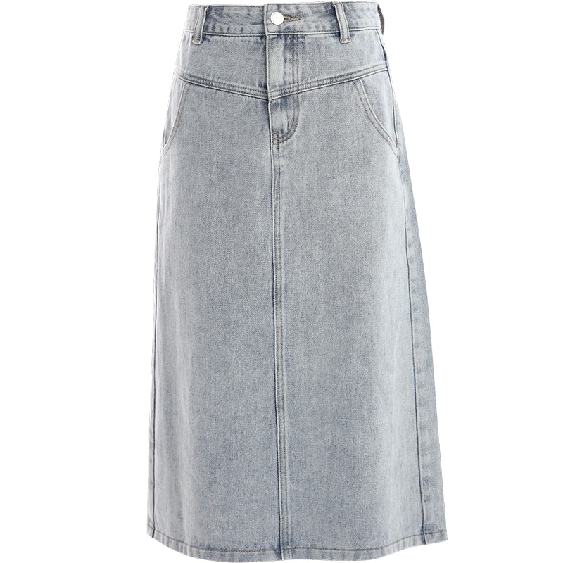 欧昵雪高腰后开叉显瘦遮胯牛仔半身裙女一步a字中裙