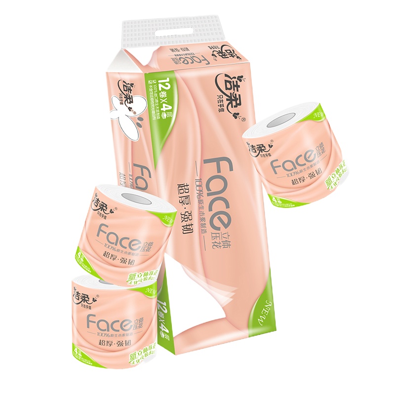 洁柔(C&S) JJ203-01N 卷纸 粉Face 棉柔感4层120g卫生纸*12卷 加厚4D立体印花 (单位:提)