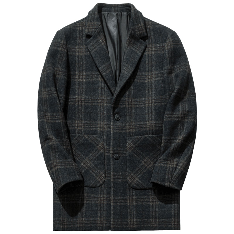 千纸鹤男装羊毛中长款外套2019冬季新款撞色格翻领毛呢大衣69055