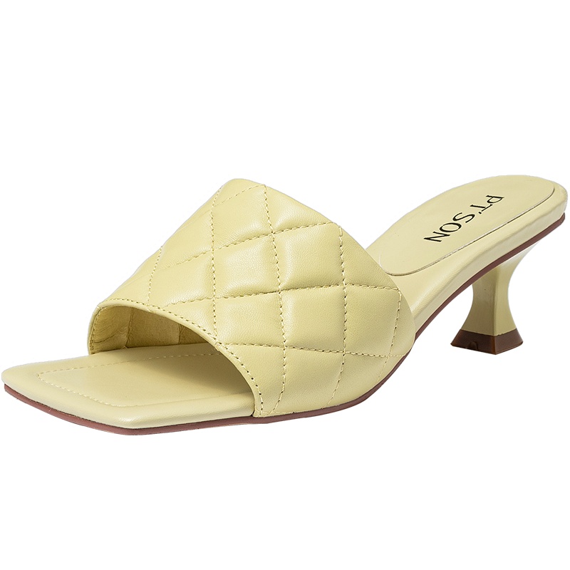 百田森夏季商场同款时尚方头菱格纹拖鞋细猫跟真羊皮拖鞋女