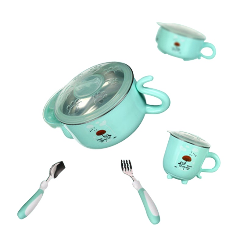 开优米kiuimi儿童不锈钢餐具宝宝注水保温碗婴幼儿吸盘碗勺套装辅食碗5件套 绿色款