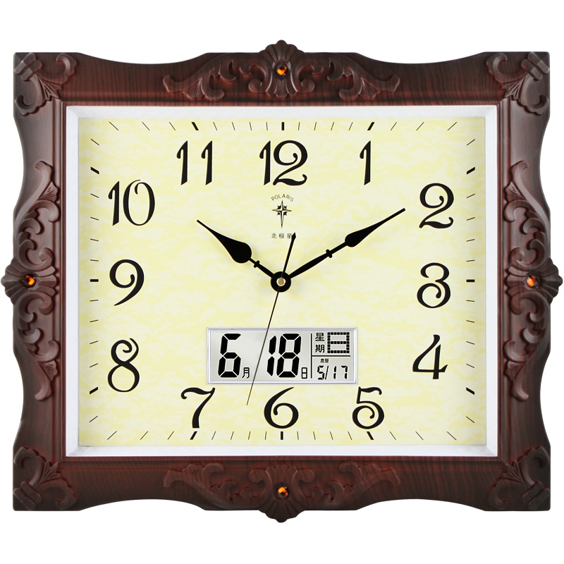 北极星(POLARIS) 欧式雕花客厅挂钟时尚创意挂表卧室万年历LCD液晶时钟静音大气家用石英钟表