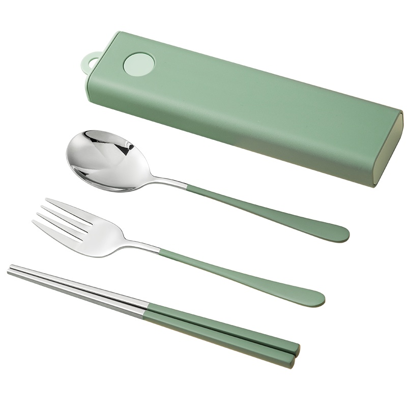 炊大皇(COOKER KING)便携餐具三件套不锈钢绿色 筷勺叉子防滑防烫 耐高温学生上班族CJ03R