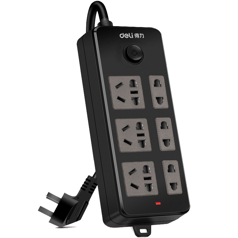 得力(deli)18232黑牛系列 插排 插座 插线板 延长线带安全保护门 电源接线板 3+3插孔 3米线 黑色