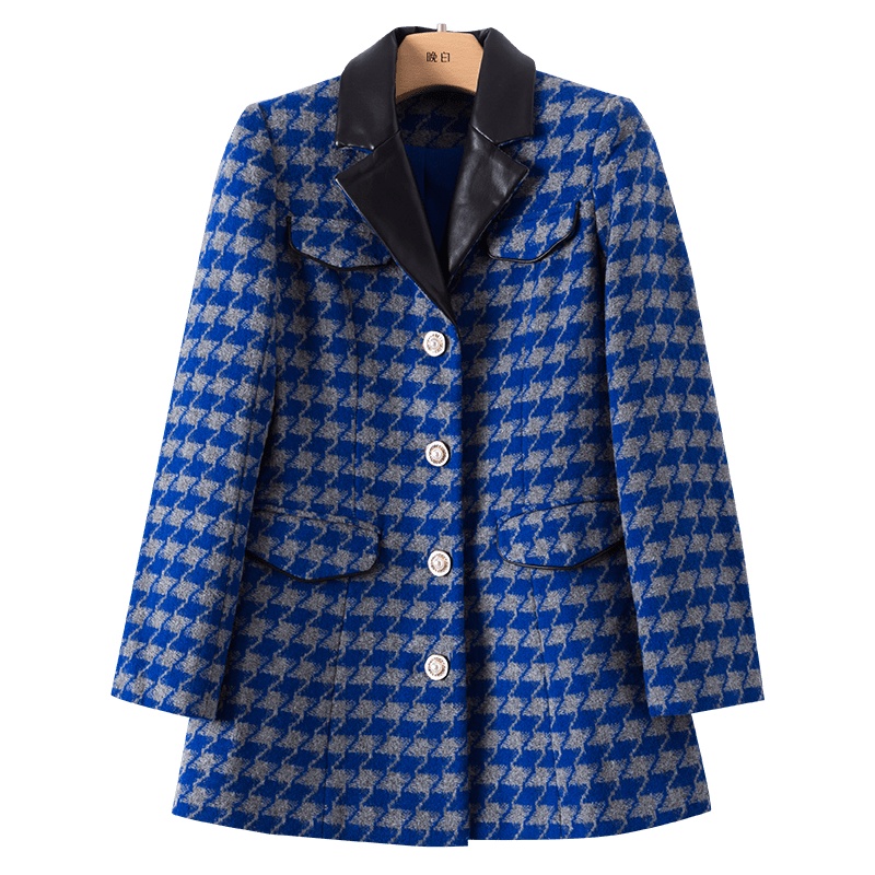 晚白2020冬季新品时尚皮领拼千格印花修身通勤西装毛呢大衣外套女