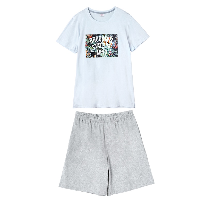 雪仙丽新款睡衣男夏天短袖短裤薄款休闲纯棉家居服可外穿套装圆领