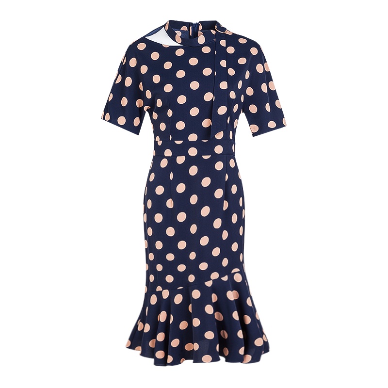 晚白新品时尚波点修身显瘦中长款包臀鱼尾摆短袖连衣裙女