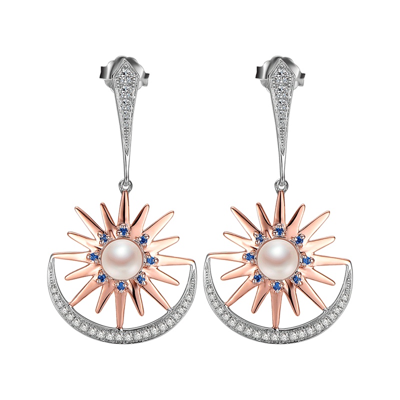 京润珍珠 日月情人 #爱上超模 6-7mm正圆形 S925银镶淡水珍珠耳环耳钉 珠宝宠自己送妈妈