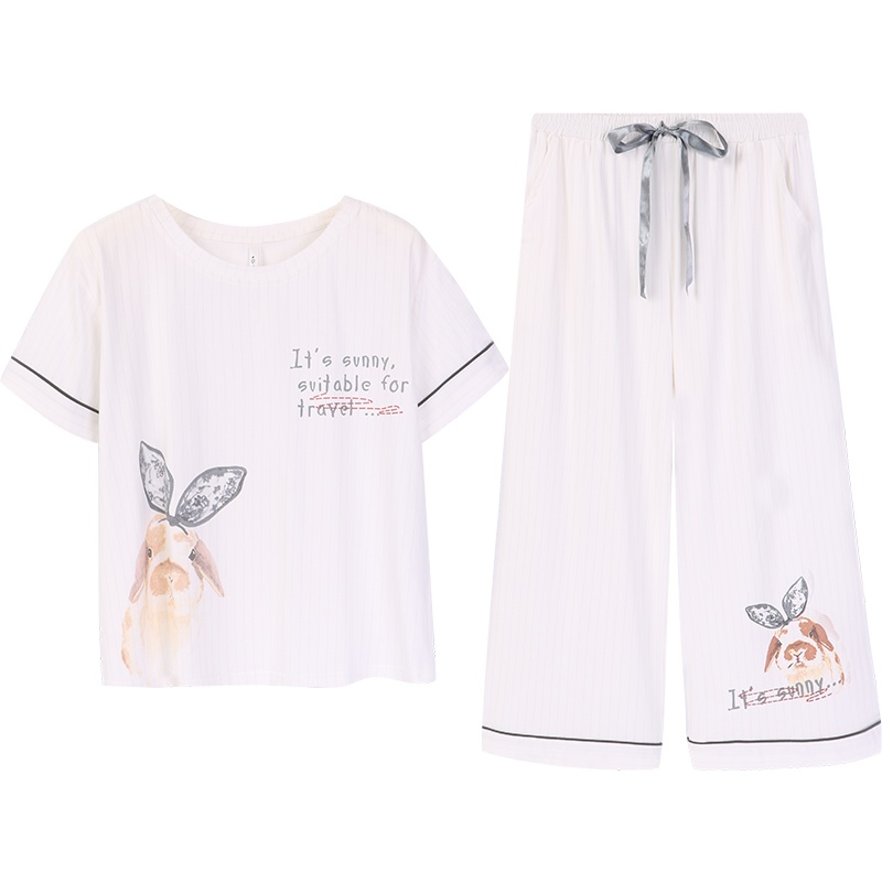 安之伴睡衣女夏季纯棉弹力针织印条短袖女套装家居服