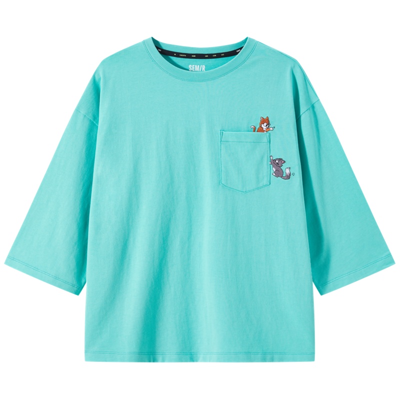 【满198减100预估价：45】森马白色T恤女七分袖2021年新款内搭打底衫纯棉刺绣女装上衣ins潮