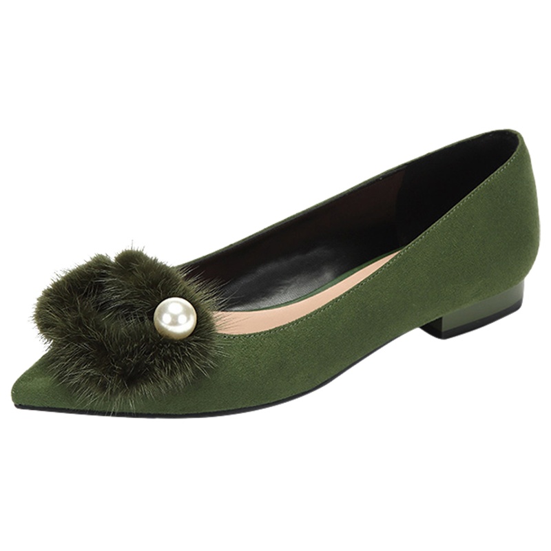 Daphne/达芙妮尖头绒面毛毛平底单鞋珍珠低跟女单鞋