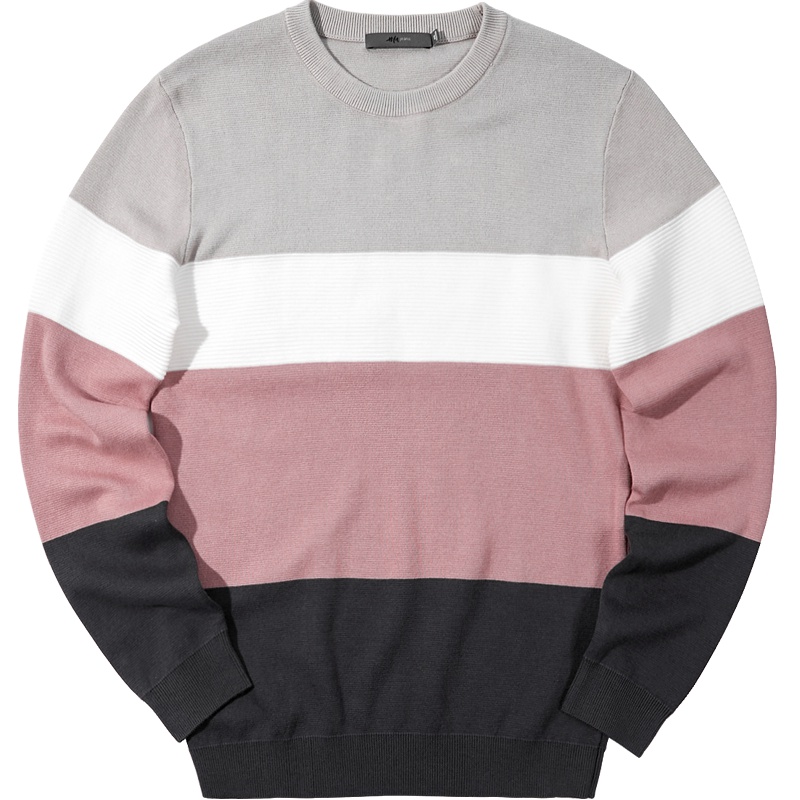 黑鲸舒适圆领针织衫秋季男装条纹拼接休闲毛衣男CNZAJ38101A