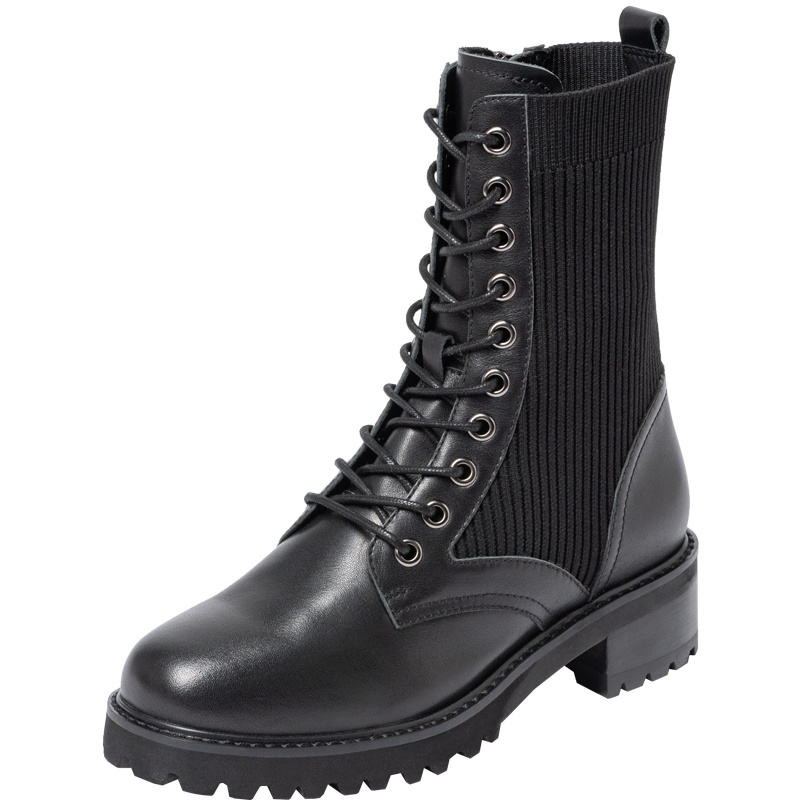 百田森商场同款春弹力拼接瘦瘦马丁靴女厚底增高中靴女