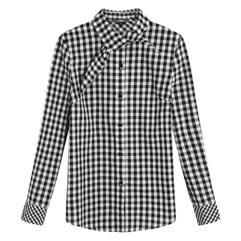 【专柜同款】黑白格子衬衫女2019春夏韩版宽松设计感小众学院风蝴蝶结长袖衬衣20011643