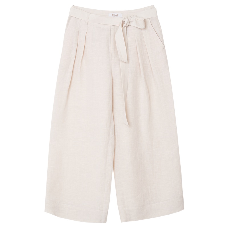 鄂尔多斯1980 春夏新品丝麻清爽系带褶皱女九分阔腿裤