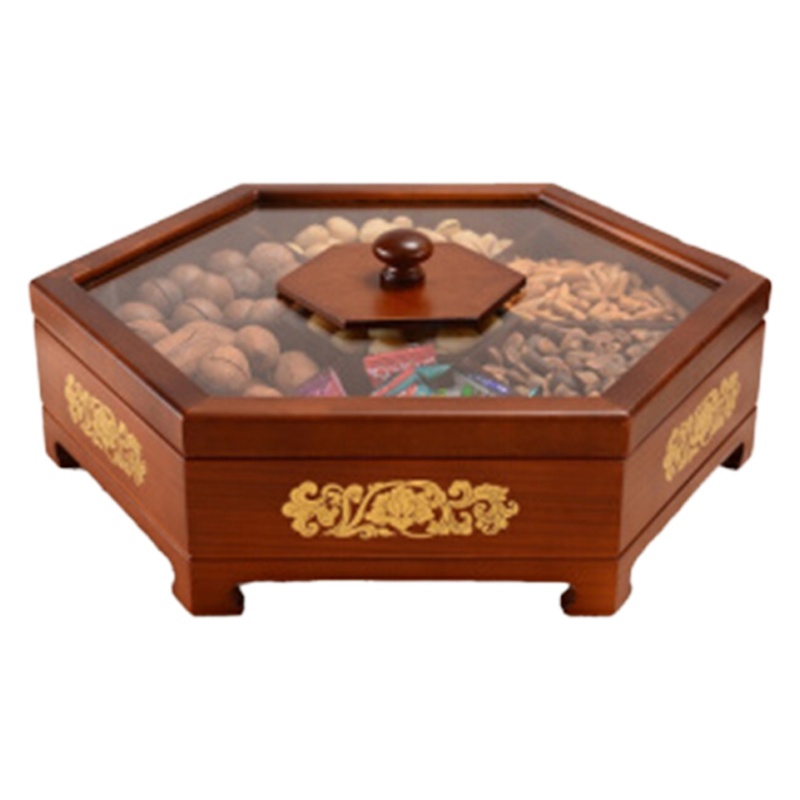 茶花糖果盒瓜子盘客厅干果盘带盖木质创意家用分格零食果盘