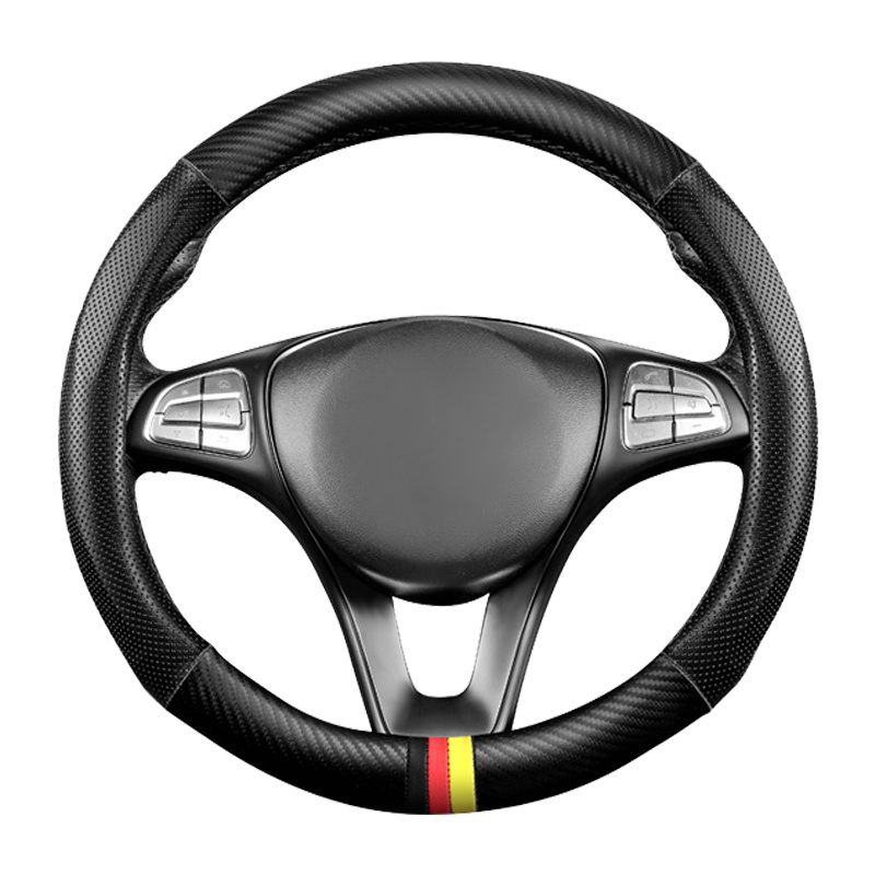 Vieruodis汽车真皮碳纤纹方向盘套四季圆型D型手缝把套防滑车用品大众