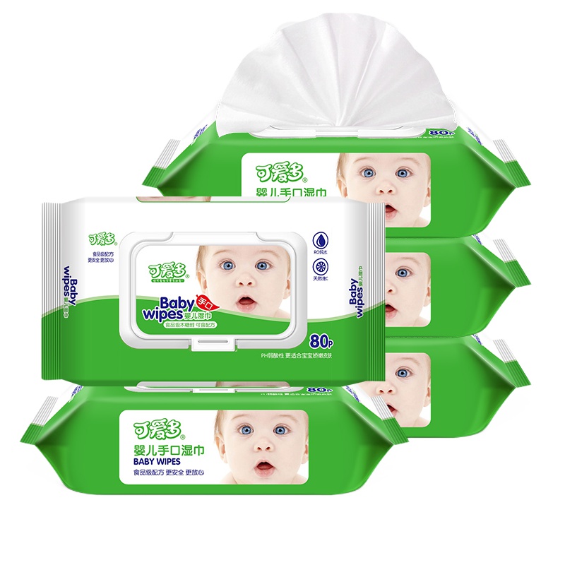 可爱多 婴儿手口湿巾80抽*5包儿童湿纸巾木糖醇
