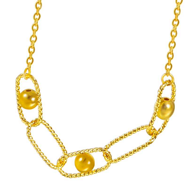 黄金码头 5G足金999圆珠麻花框长情套链女可调节锁骨项链时尚简约送女友