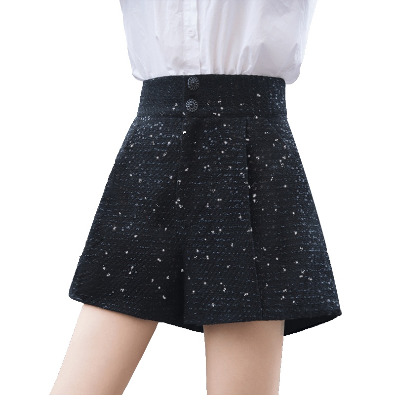 丝柏舍2019秋季女装韩版宽松高腰外穿阔腿毛呢短裤S93B4779K