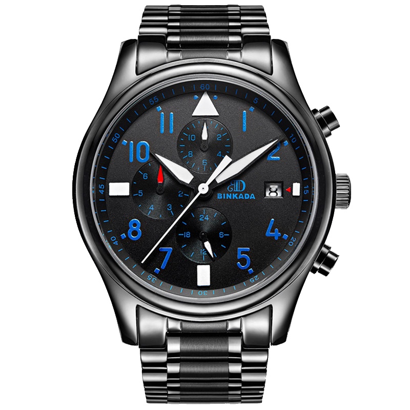正品宾卡达BINKADA手表男士手表男表休闲时尚自动机械表 男黑色防水腕表精钢飞行员7001H纯钢