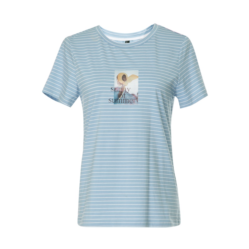 欧昵雪夏季人物字母印花韩版宽松圆领条纹T恤女短袖上衣