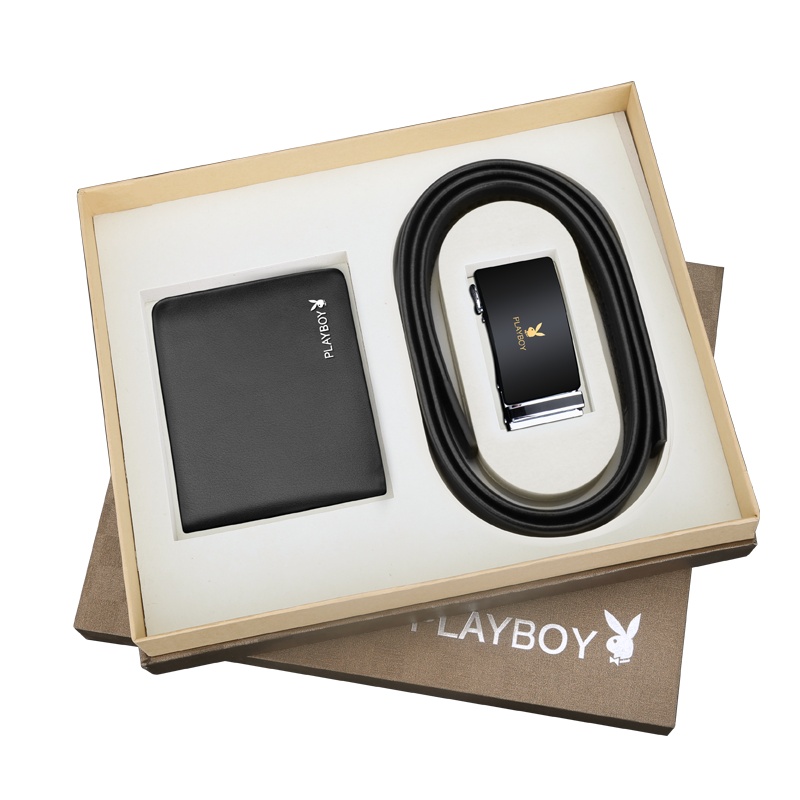 花花公子PLAYBOY男士皮带钱包礼盒套装男自动扣正品裤带真皮牛皮腰带年轻人休闲时尚款黑色系生日礼物