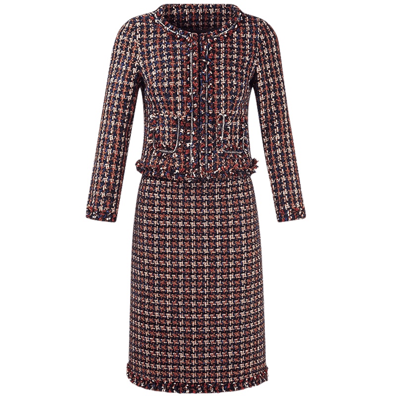 晚白2021春季新品小香风两件套外套高腰包臀裙格子时尚套装裙女