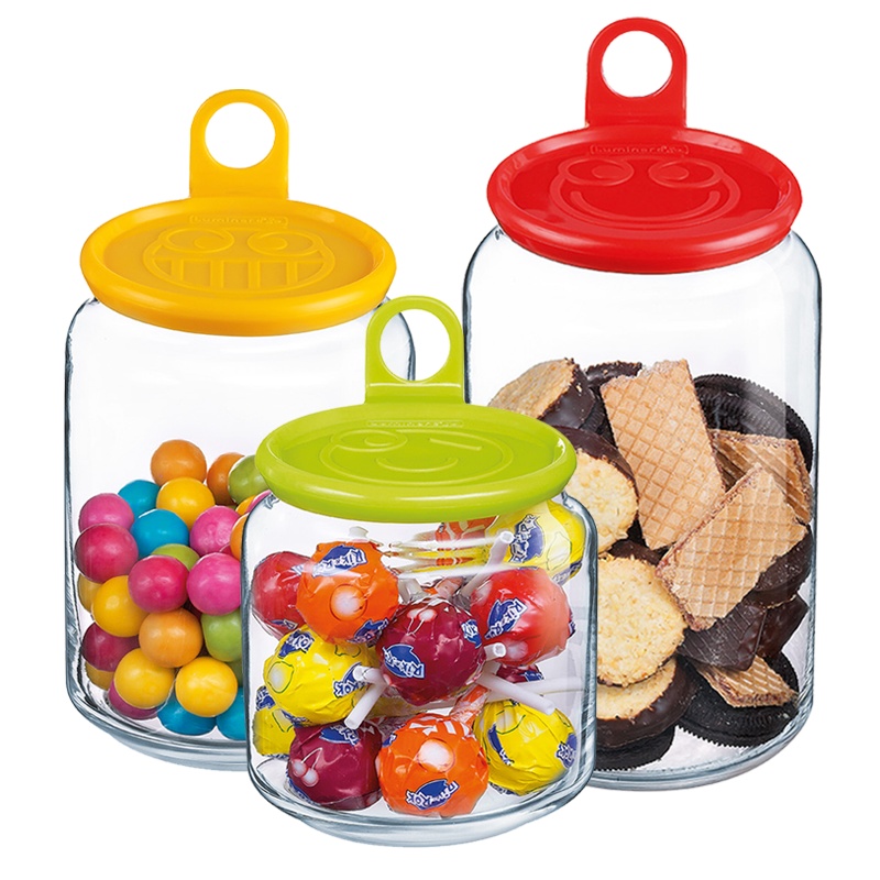 乐美雅玻璃密封罐储物罐大号干果罐子 奶粉罐储藏罐零食玻璃瓶透明玻璃笑脸罐子大小3件套