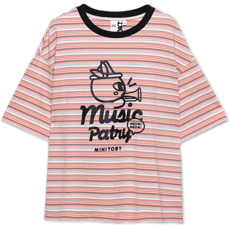 a02新款2020时尚宽松圆领卡通印花条纹短袖T恤女DTV2E0081KT