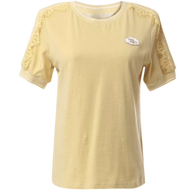 欧昵雪夏季睫毛蕾丝拼接短袖圆领纯棉T恤女宽松体恤上衣