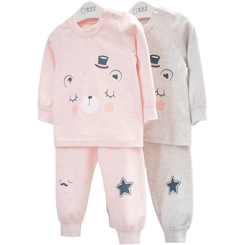 秋季新款男童女童百搭可爱圆领纯色卡通印花长袖开肩衫两件套