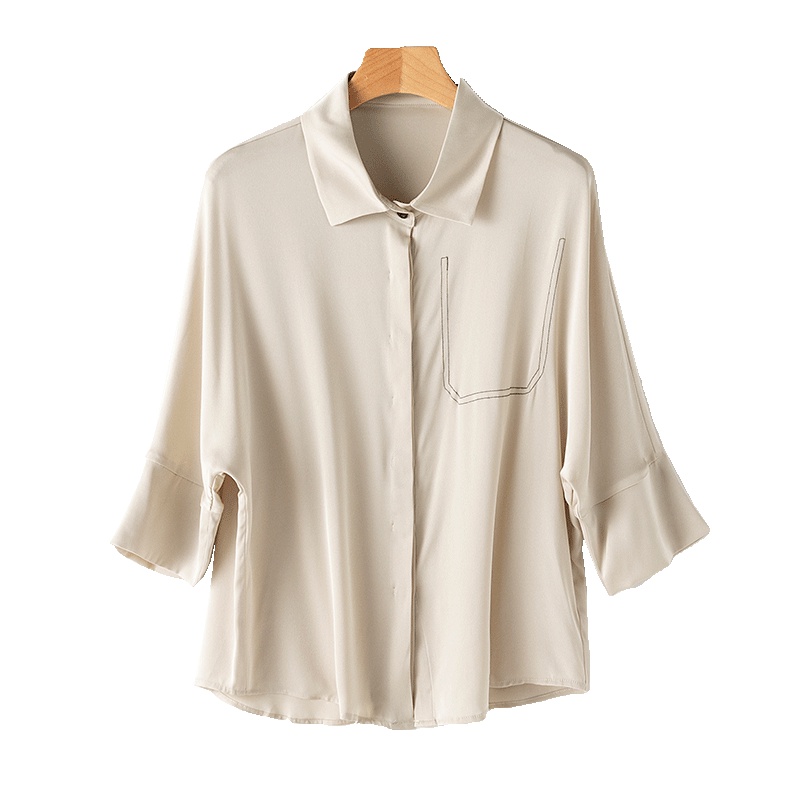 VINCIFAM2019夏新款桑蚕丝短袖上衣女真丝西装领宽松T恤