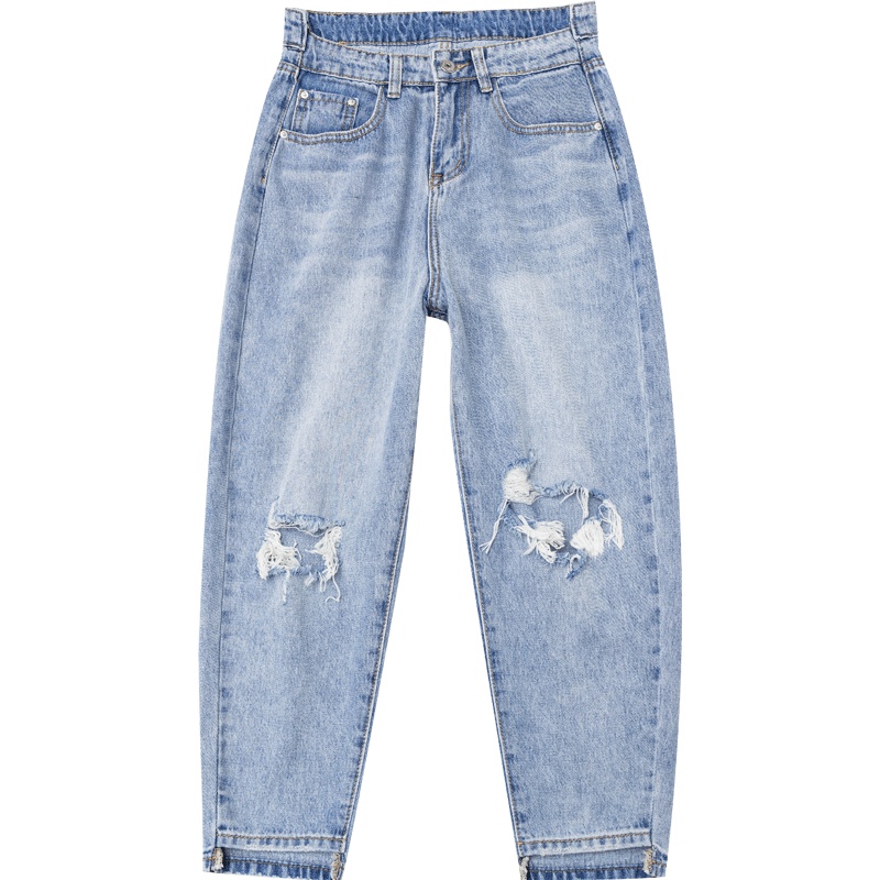 娅丽达女裤2019夏季新款破洞牛仔裤女不规则脚口宽松九分裤WI2129