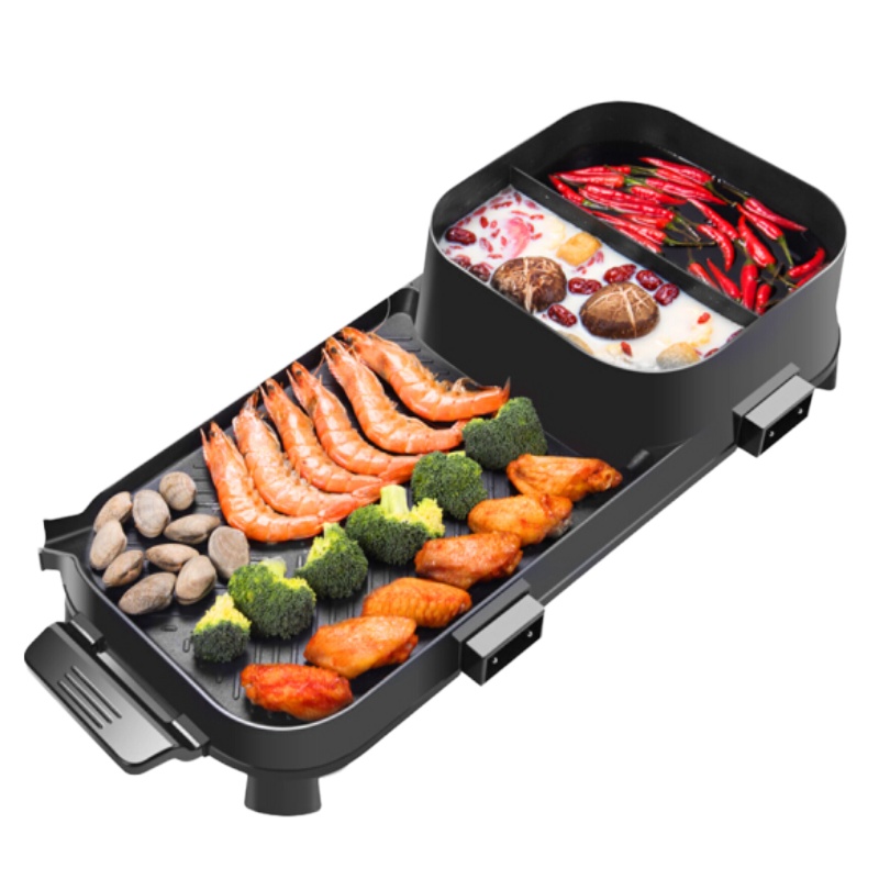 TXJ 尚烤佳烤涮方锅中号电烧烤炉家用无烟电烤炉多功能鸳鸯电火锅不锈钢管机械式控温电烤盘烤涮锅烧烤炉LZW-1702B