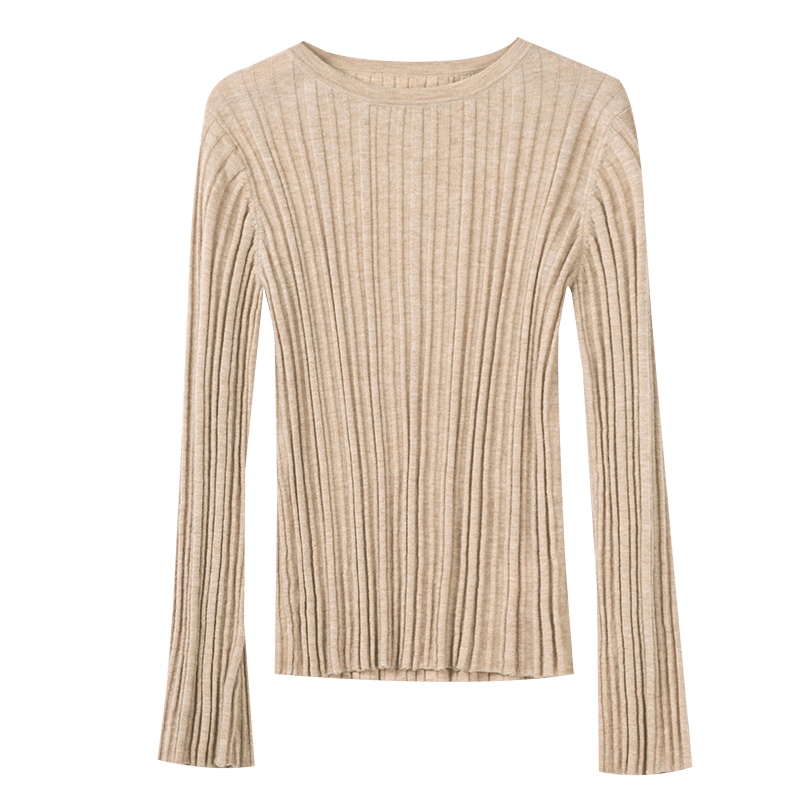 晚白2021春季新品淑女圆领喇叭长袖修身显瘦打底衫羊毛衫针织衫女