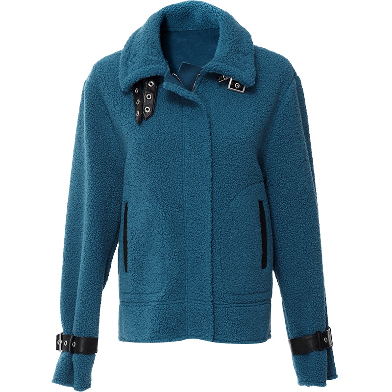 欧昵雪秋冬翻领颗粒绒麂皮绒拉链夹克短款绒面外套女长袖