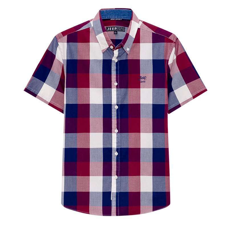 jeep夏季新款男士牛津纺纯棉短袖衬衫美式时尚格子大码宽松衬衣