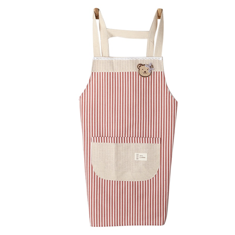 利得韩版时尚棉麻围裙 小熊双层防水围裙 条纹西瓜红 厨房可爱做饭烘焙