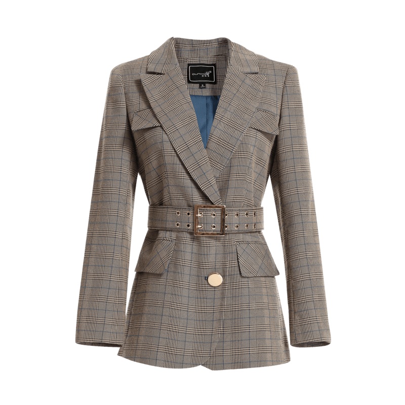 欧昵雪春装复古英伦风翻领收腰修身格子西装外套女长袖外套