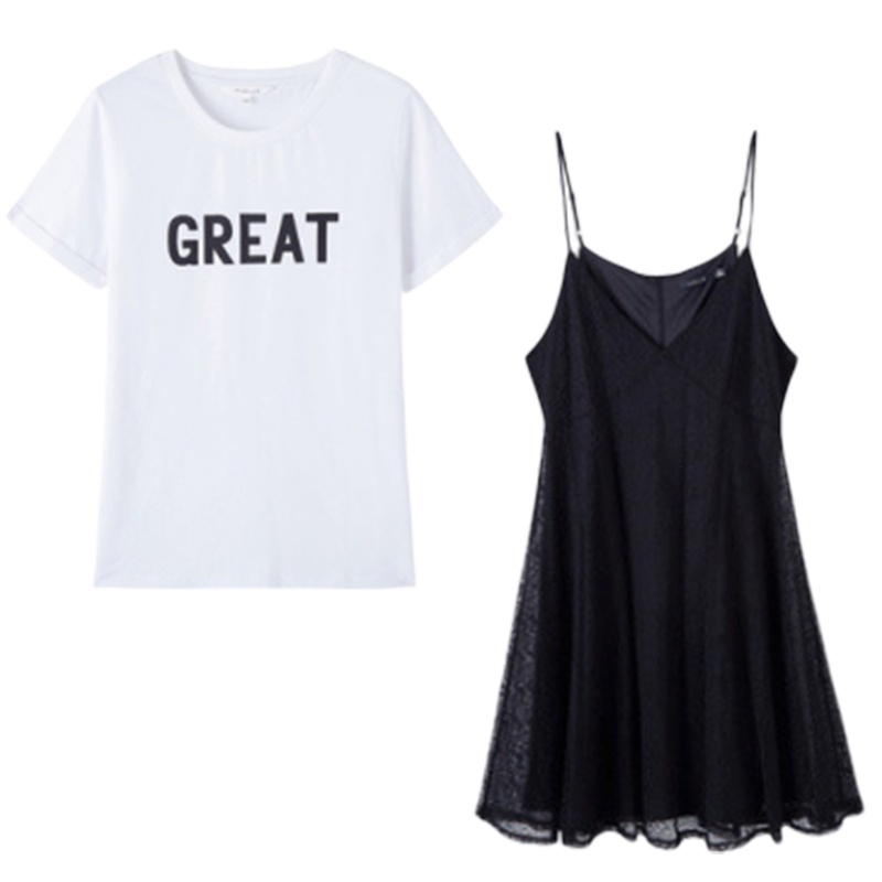 【专柜同款】Puella女装夏圆领高腰显瘦黑色蕾丝字母T恤A字连衣裙套装20014353
