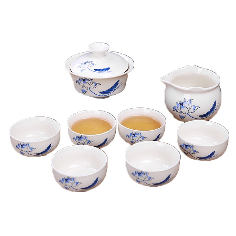 手绘青花瓷茶具 一盖碗一茶海六茶杯套装