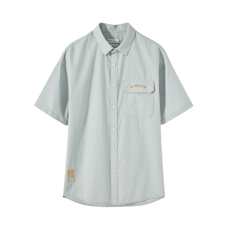 A21夏季新款2020男装 潮男工装短袖衬衫男士宽松复古条纹衬衣外套