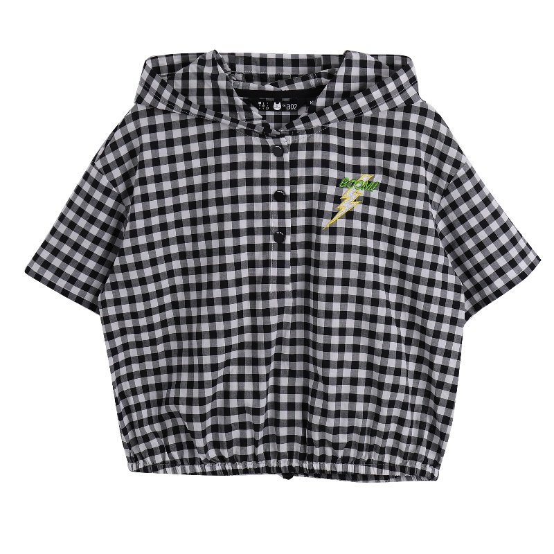 a02商场同款潮流宽松连帽收腰短袖格子衬衫女D1U5A0521BL