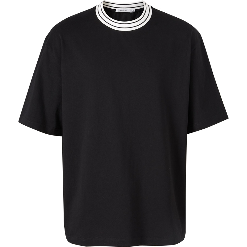 MECITY男装2021夏季新款时尚舒适纯棉净色撞条纹领针织短袖T恤男