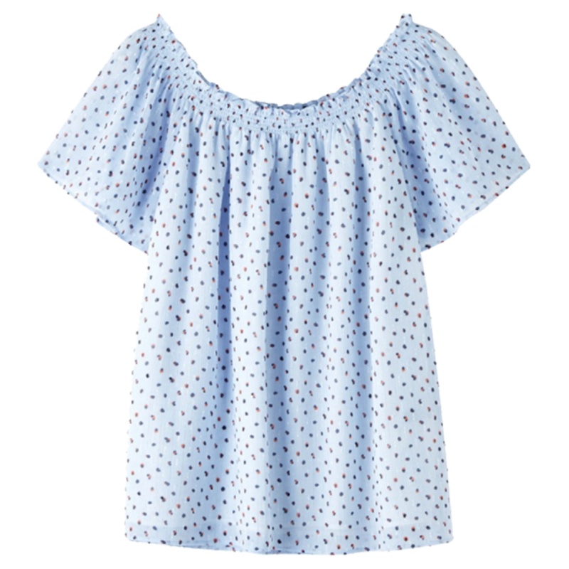 【专柜同款】拉夏贝尔新款夏季女装气质短袖雪纺衬衫洋气波点时尚露肩10020533