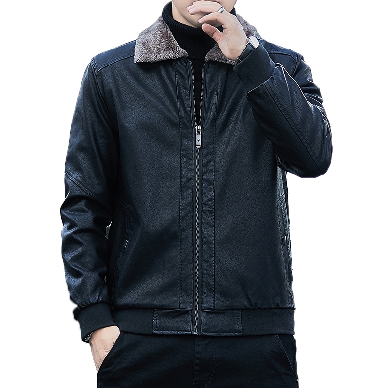 简号修身皮衣男加绒加厚大码男装秋冬老板商务保暖型男毛领皮衣夹克外套