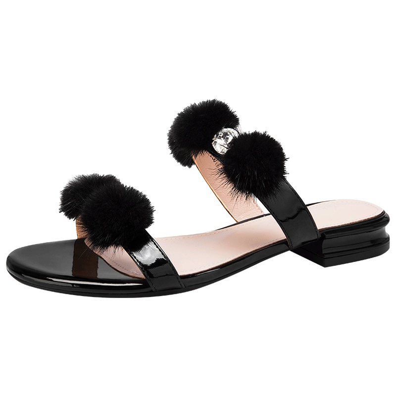 阿么凉拖鞋女外穿夏季露趾时尚韩版网红潮鞋毛毛球仙女风平底凉鞋